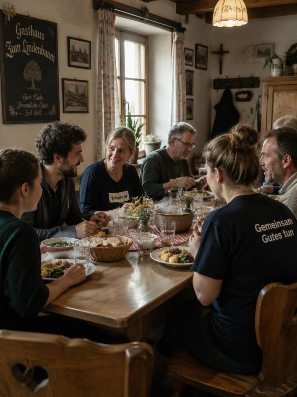 Vrijwilligers eten samen aan een lange tafel in de leefgemeenschap